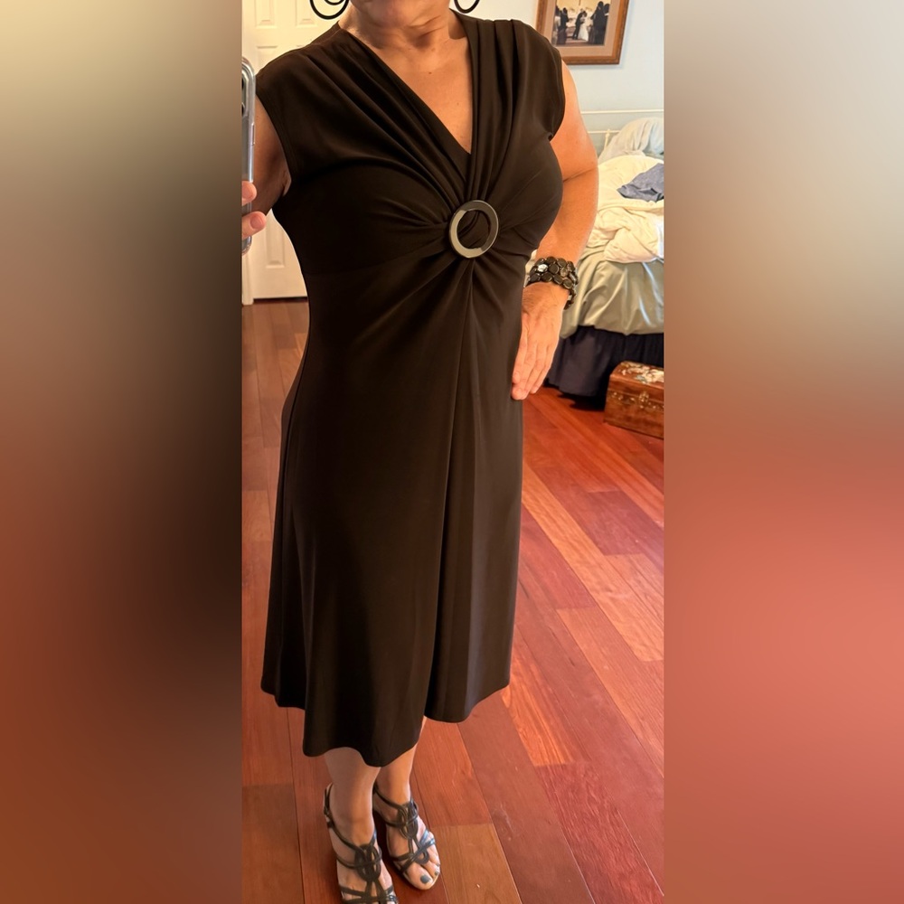 Chic Brown Sleeveless Dress with matching necklace, bracelets and earrings